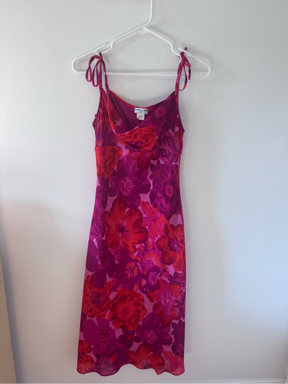 Bright Pink Floral Y2K Slip Dress with Tie Straps